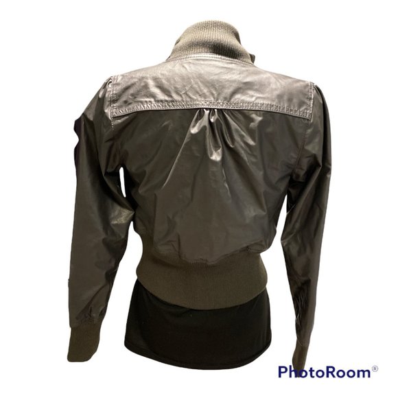 Bomber Jacket Sz L. Pleather Ribbed Cuffs and at the Waist Grey - Picture 3 of 5